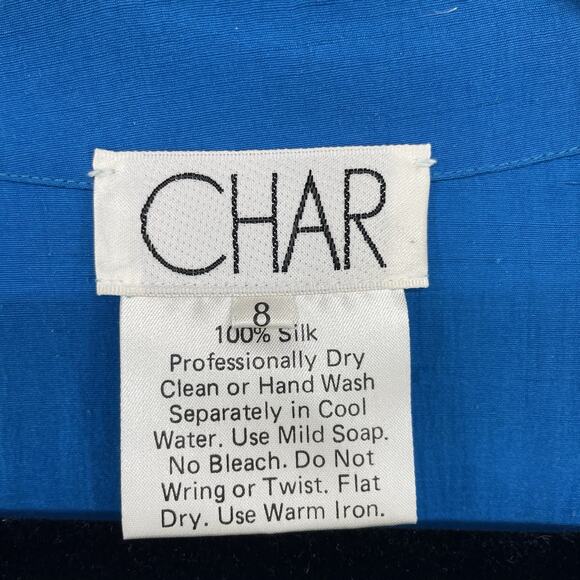 CHAR 100% SILK Jacket Size 8 / Large Vintage Open Front Cobalt Blue Should Pads - Picture 6 of 10